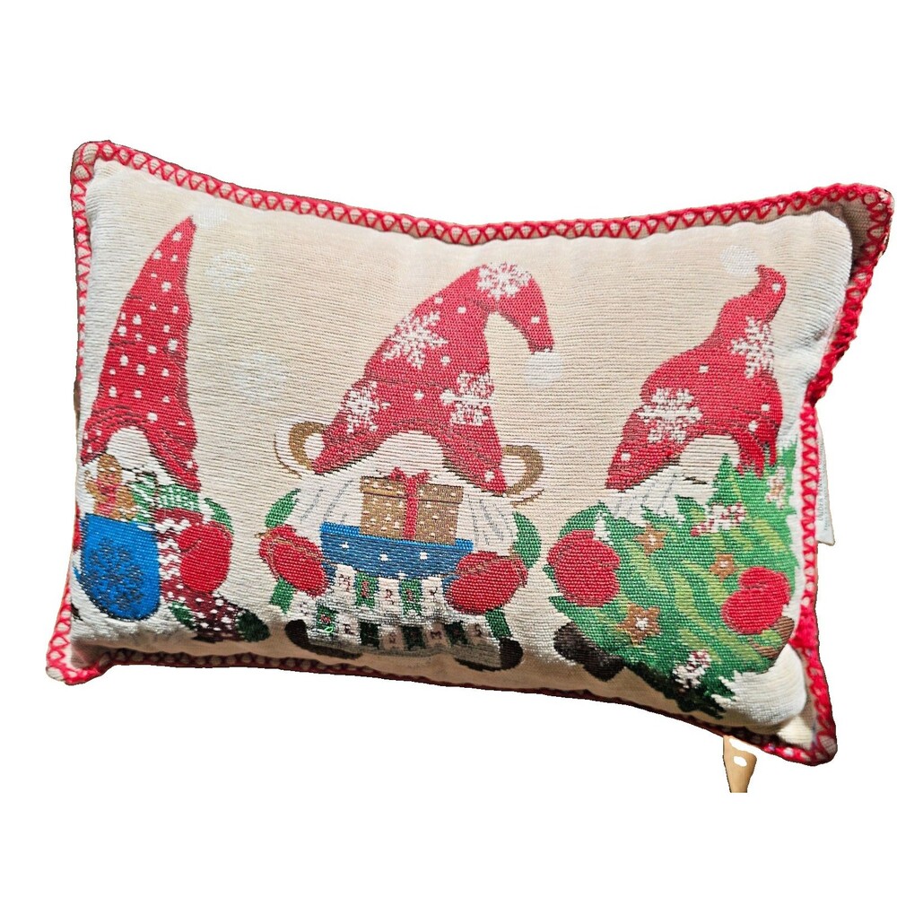 Christmas Pillow 3 Gnomes Holding Stockings, Gifts, Tree 12"x17" Needlepoint